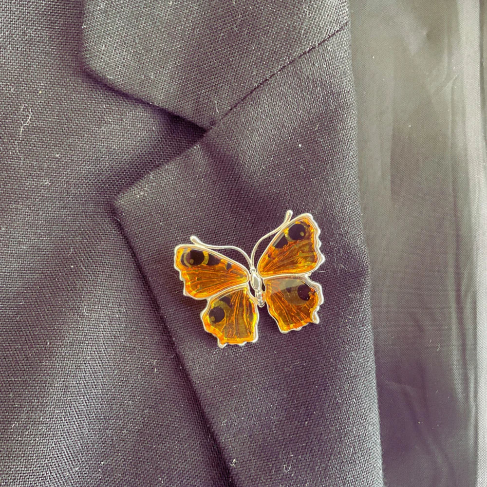 Amber Butterfly Brooch/ Pendant in Sterling Silver