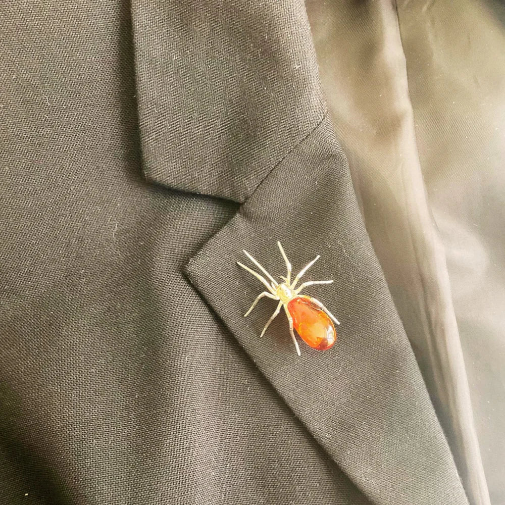 Sterling Silver Spider and Amber Brooch