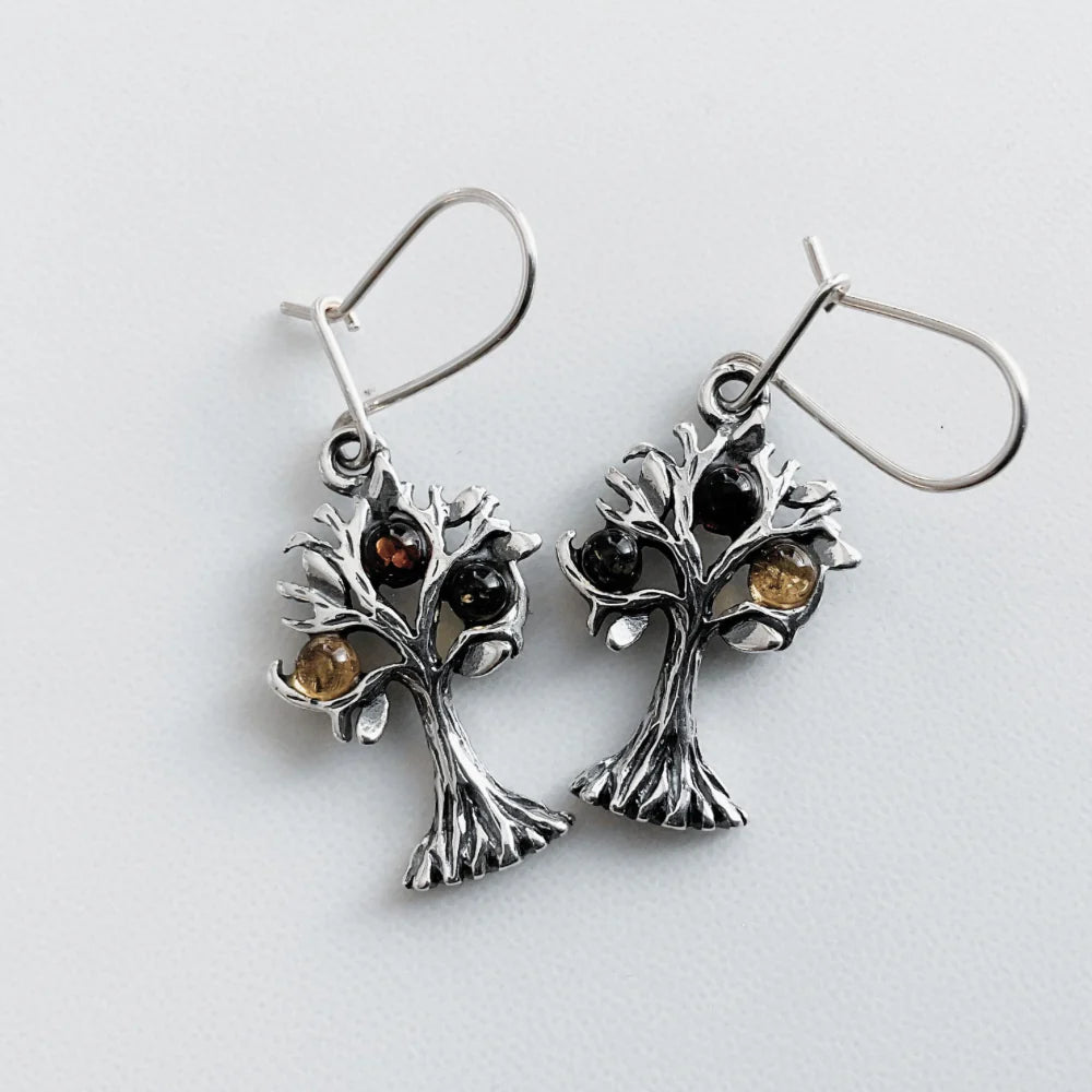 Tree of Life- Amber Silver Drop Earrings