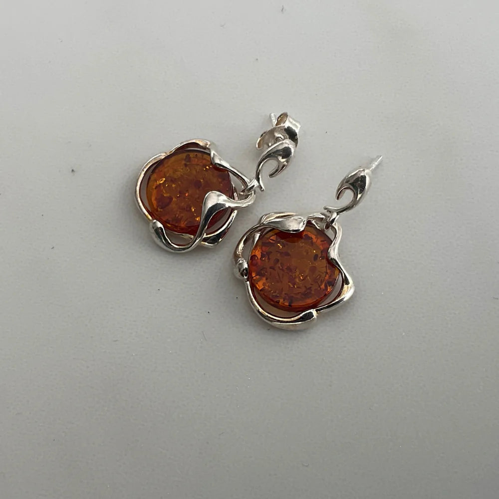 Reddish Brown Amber Silver Drop Earrings