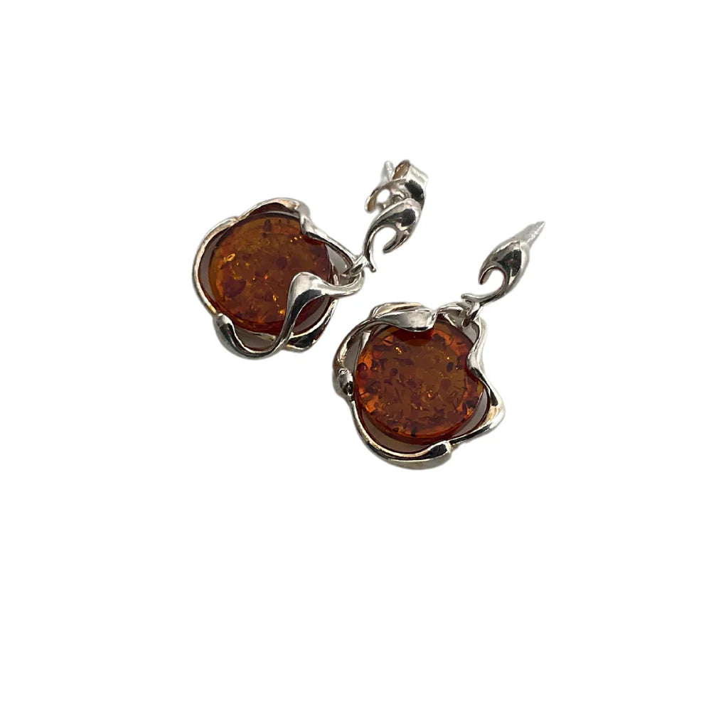 Reddish Brown Amber Silver Drop Earrings