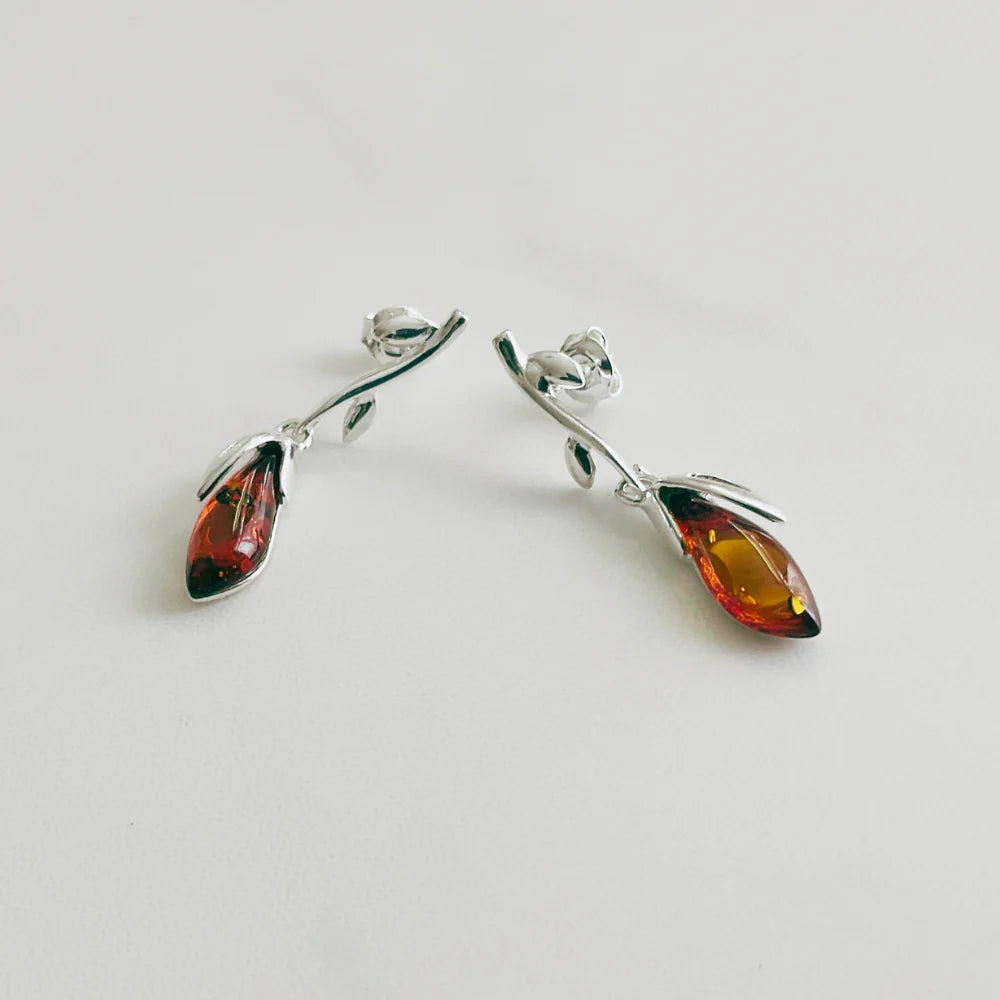 Amber & Silver Leaf Drop Earrings