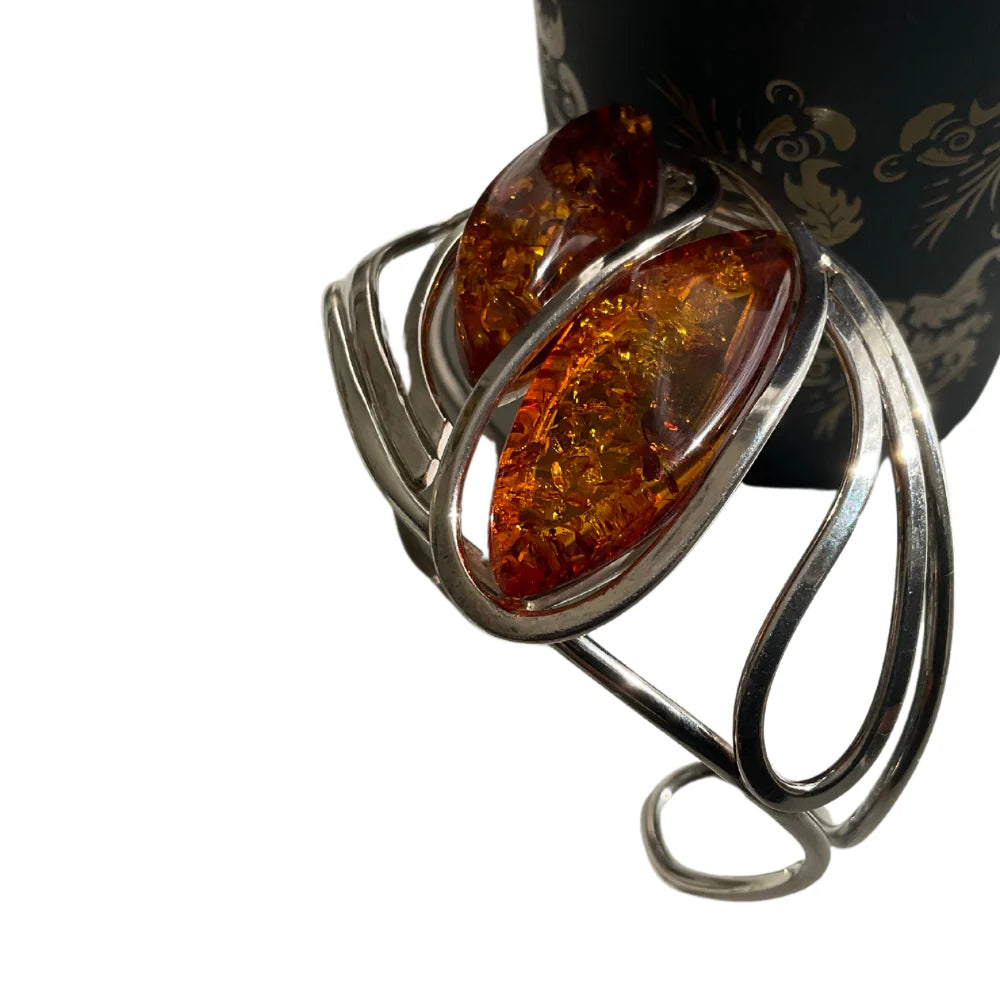 Designer Sterling Silver Amber Stone Bangle