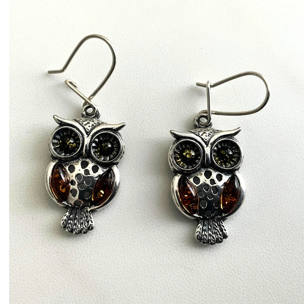 Amber & Silver Owl Drop Earrings