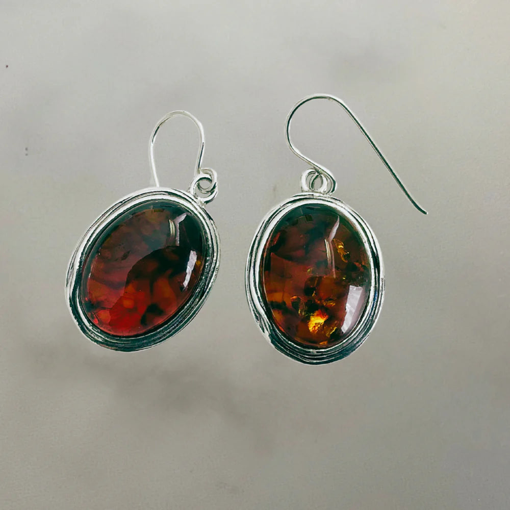 Amber & Silver Oval Drop Earrings