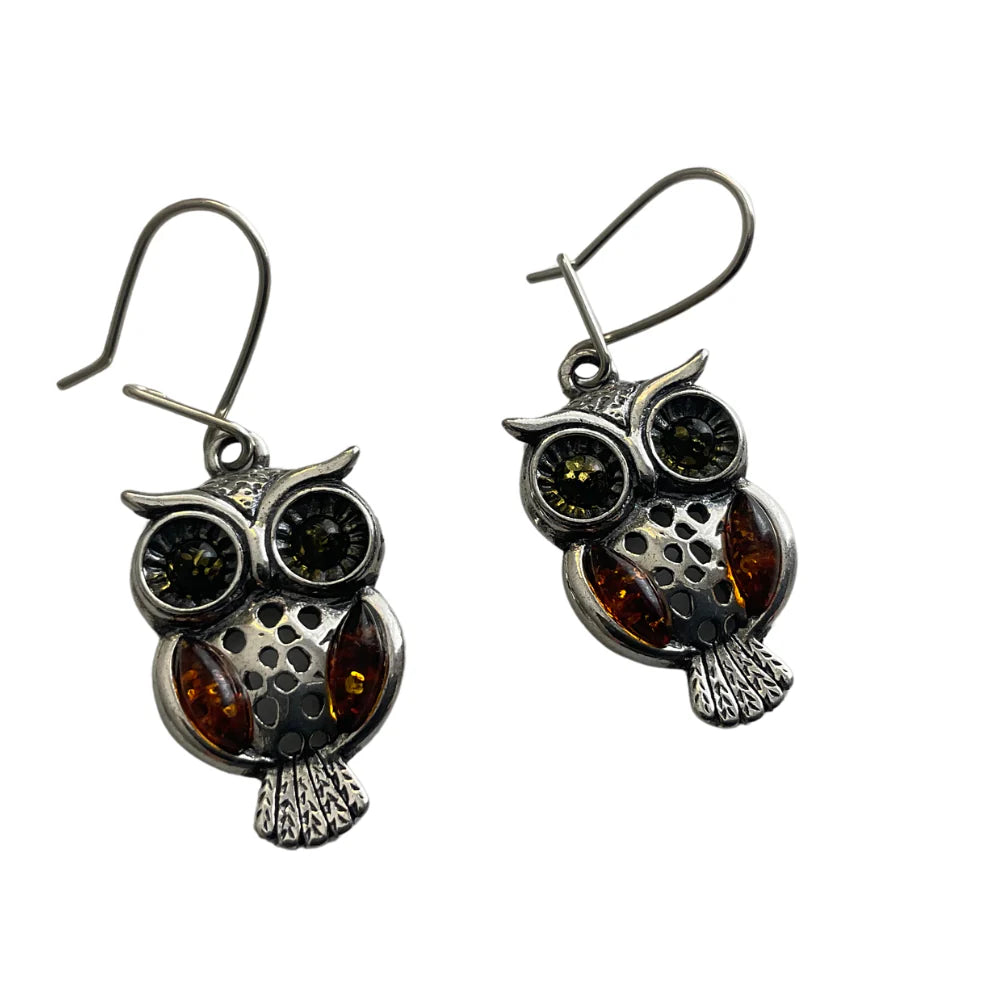 Amber & Silver Owl Drop Earrings