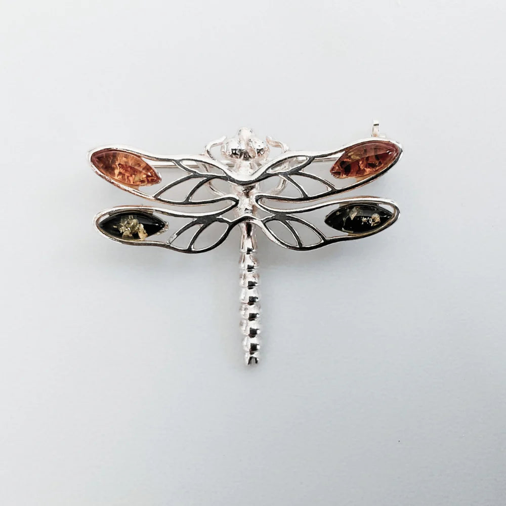 Sterling Silver- Dragonfly Amber Brooch