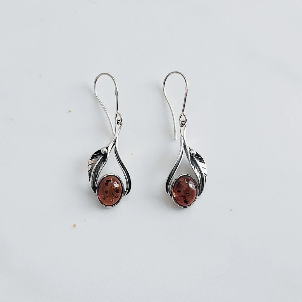 Amber & Silver Leaf Drop Earrings