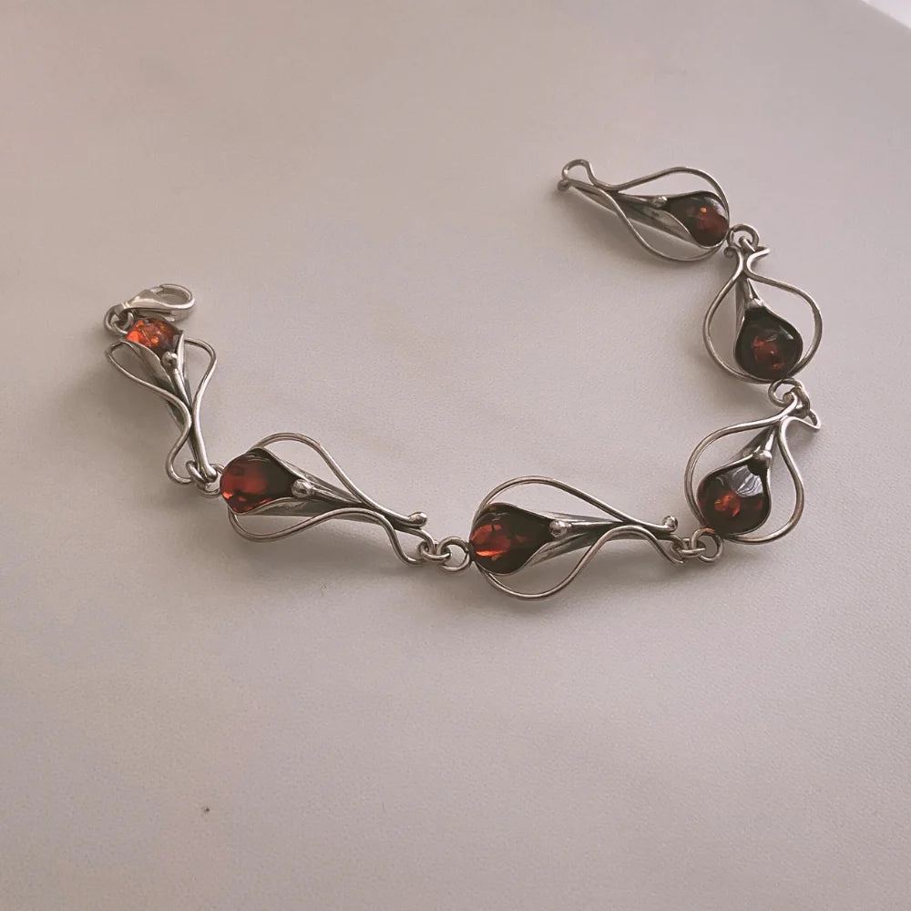 Sterling Silver and Rich Brandy Coloured Amber Bracelet