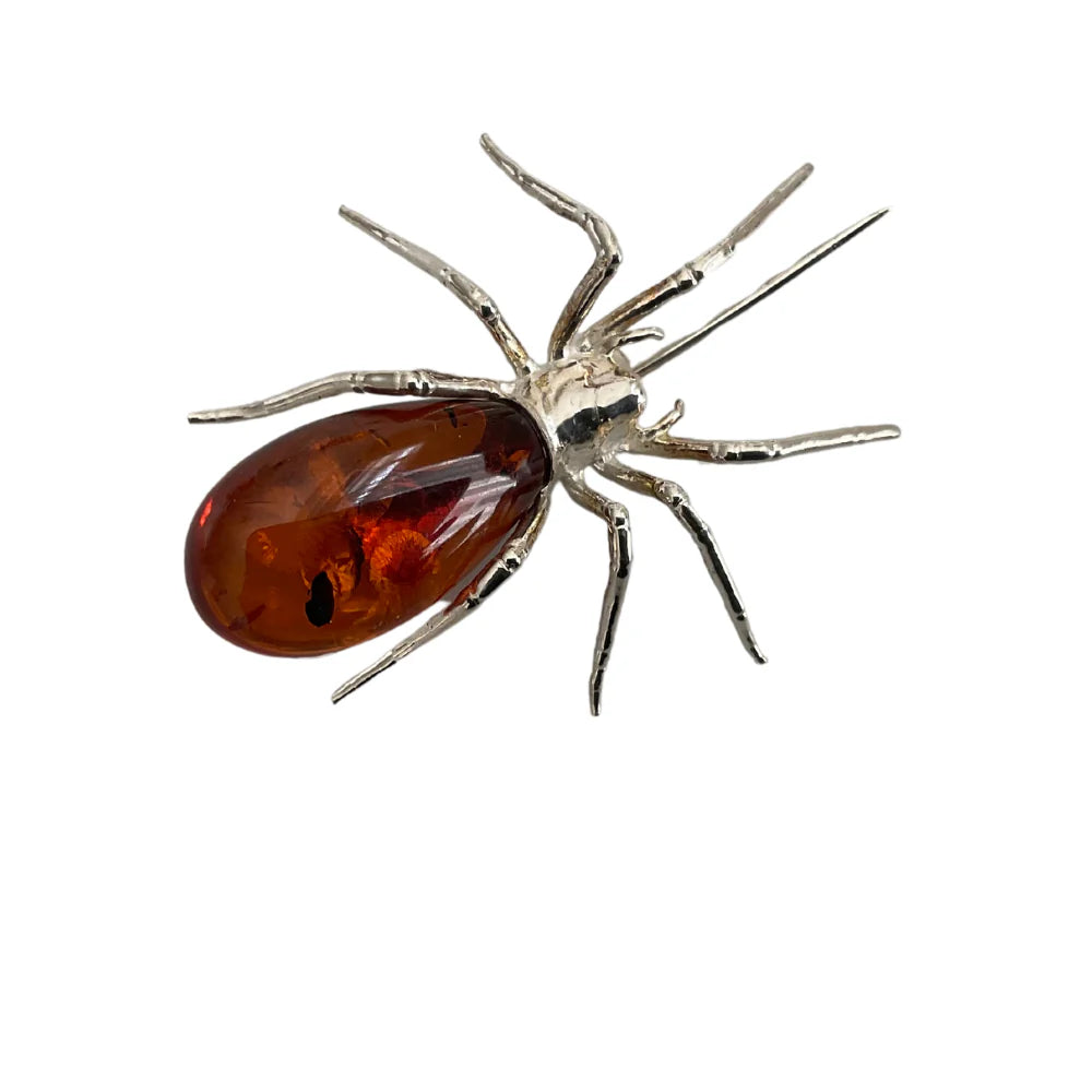 Sterling Silver Spider and Amber Brooch