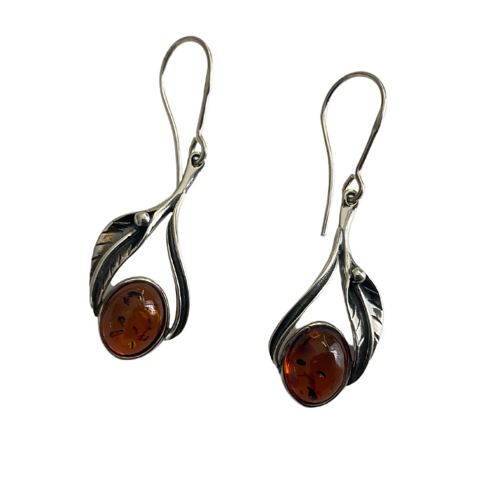 Amber & Silver Leaf Drop Earrings